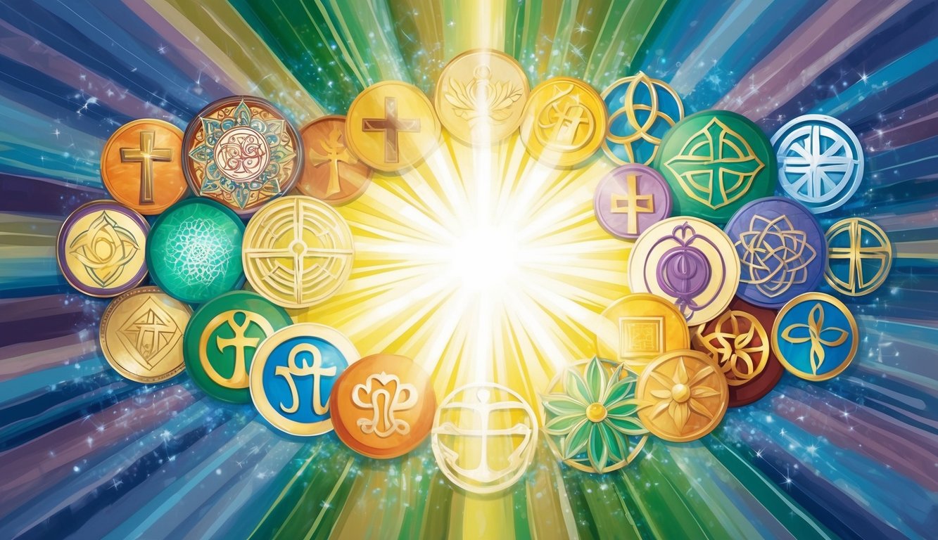 A radiant light shining down on a collection of diverse symbols representing different faiths, surrounded by a sense of peace and healing energy