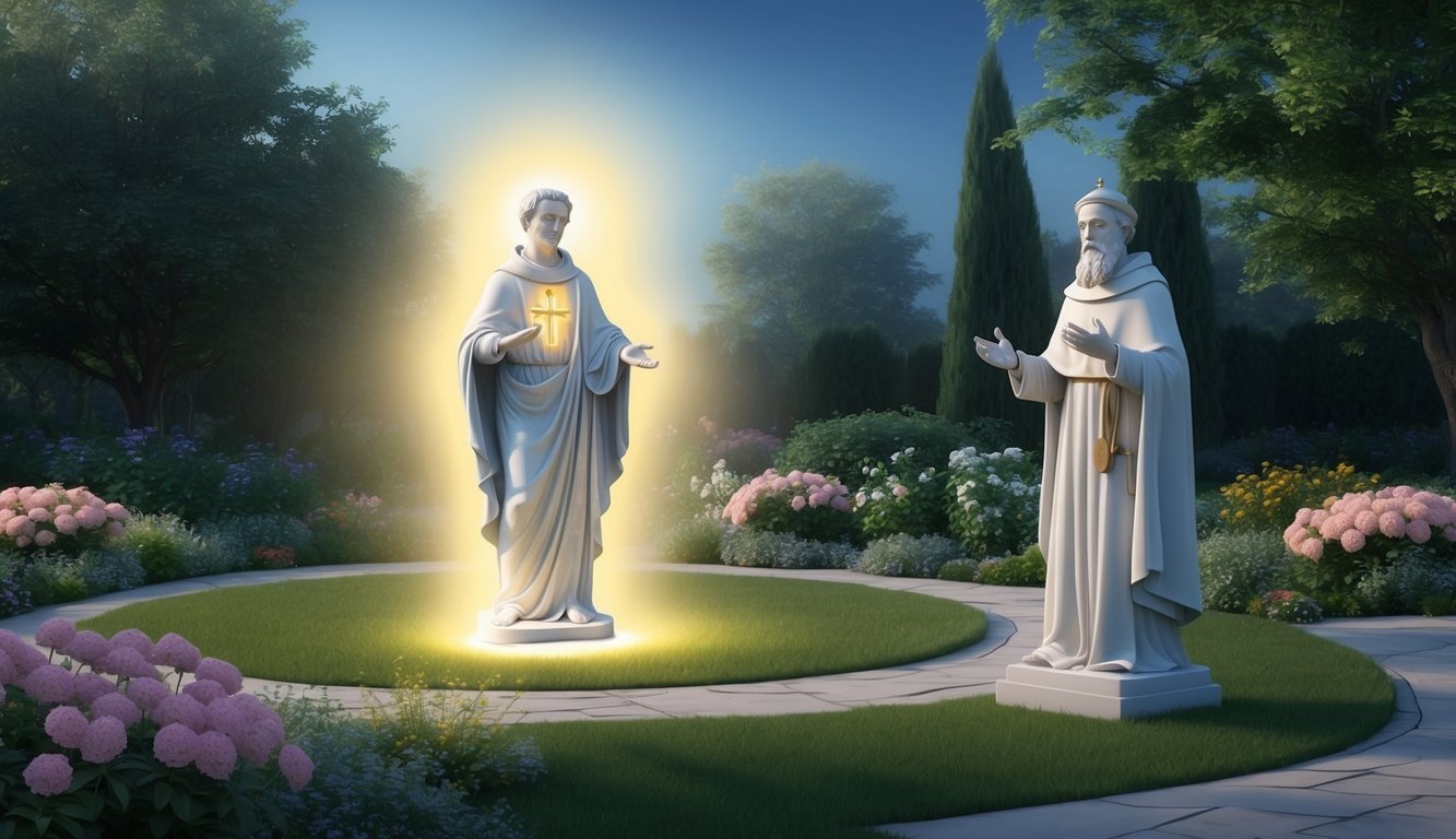 A serene garden with a statue of St. Anthony surrounded by flowers, a glowing light emanating from the saint's figure