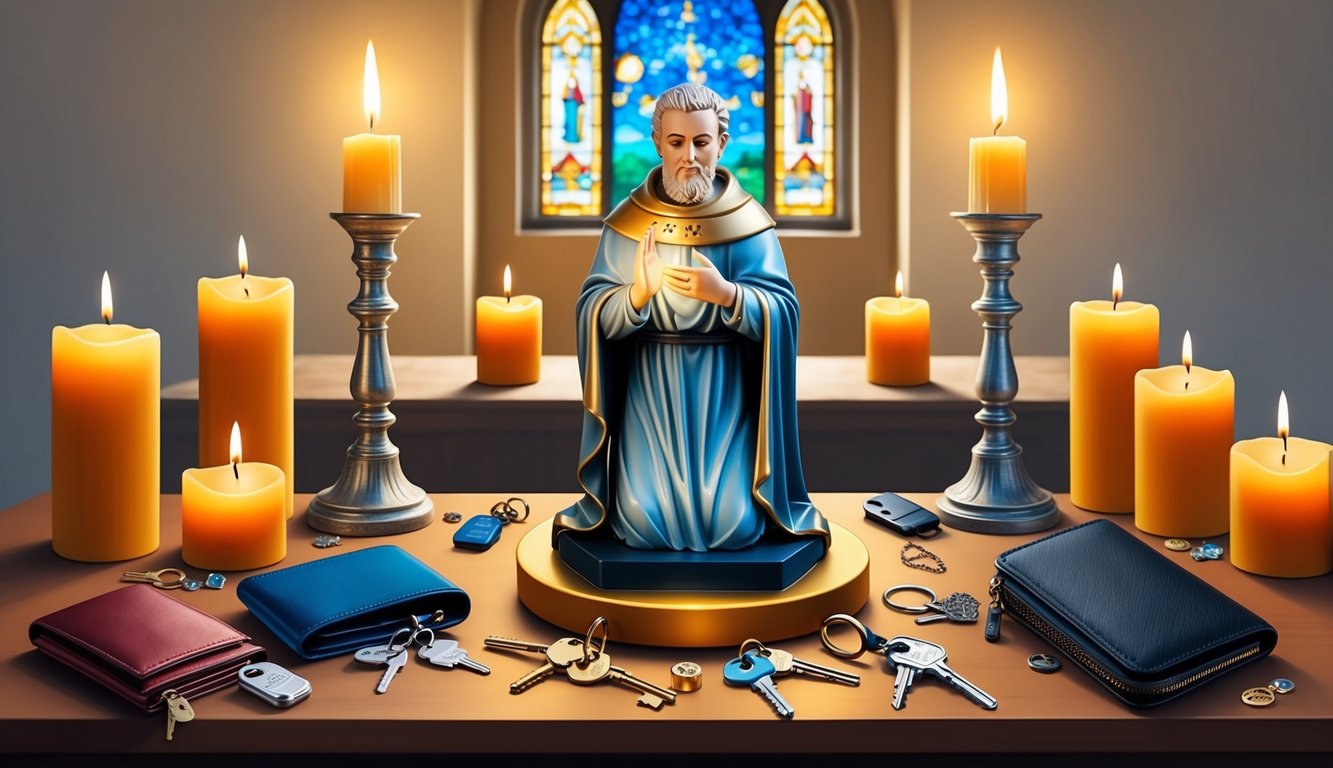 A candlelit altar with a statue of St. Anthony surrounded by lost items such as keys, jewelry, and wallets