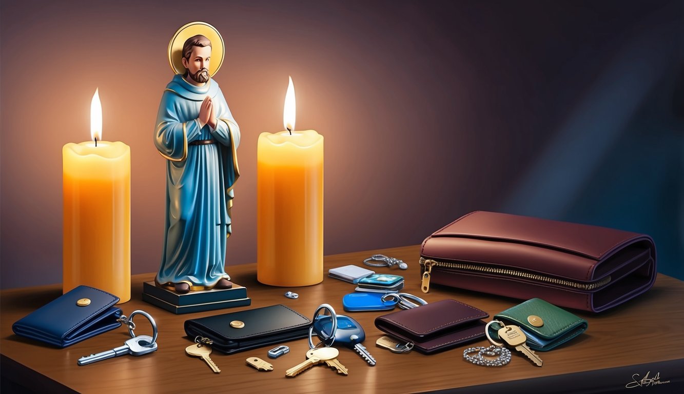 A candlelit altar with a statue of St. Anthony surrounded by lost items like keys, jewelry, and wallets