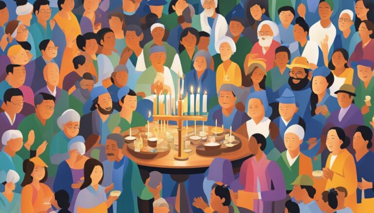 Diverse people gathered around a table, celebrating faith and community