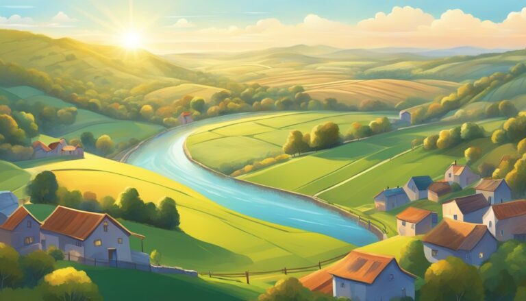 Illustration of a peaceful village, river, and rolling hills, evoking lasting peace