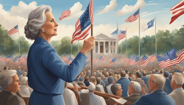 Woman with american flag addresses crowd, reflecting faith and politics