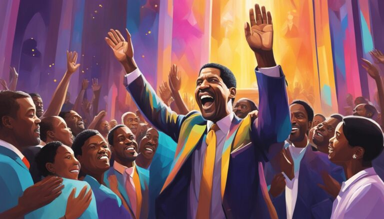 Illustration of denzel washington celebrating his baptism, surrounded by joyous people