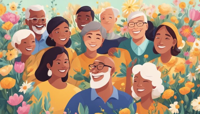 Diverse group of smiling people in a flower field, finding hope