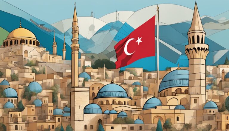 Stylized image of turkey, turkish flag over cityscape, for article on nato