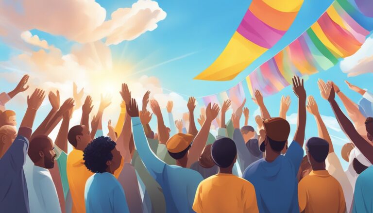 Illustration of people with raised hands, supporting the safe act through prayer