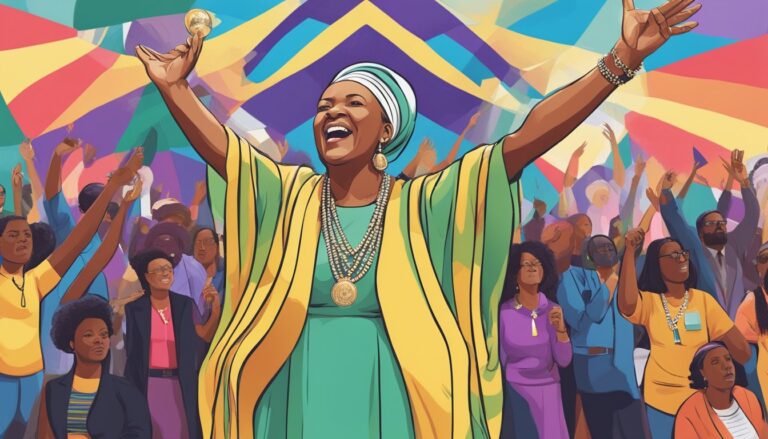 Bishop rose hudson-wilkin, arms raised, leading a crowd in solidarity