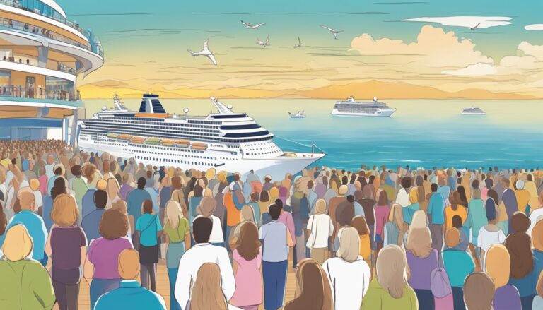 Crowd boarding a cruise ship, representing faith-based travel adventures in 2025