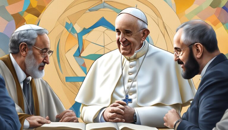Pope francis with jewish leaders, discussing gaza actions, smiling