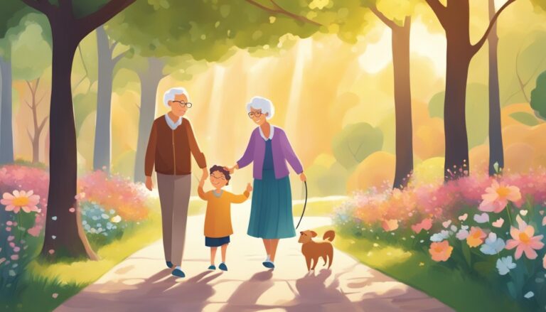Grandparents and grandchild enjoying a walk, illustrating joys of grandparenting