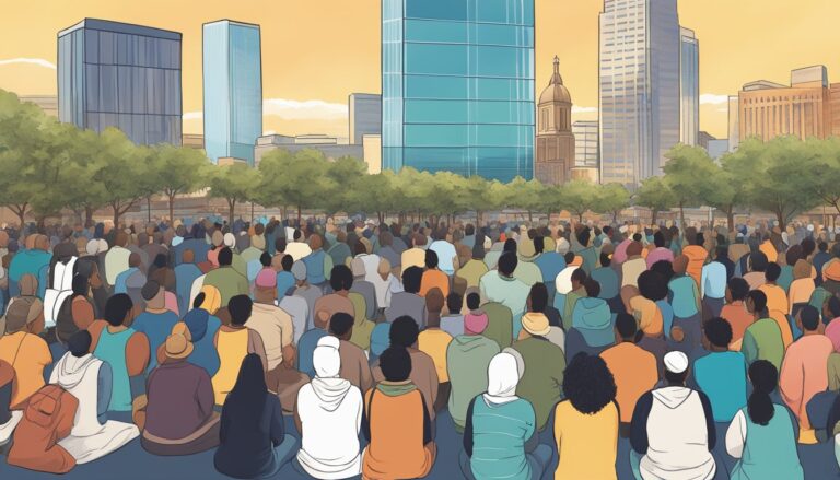 Illustration of a crowd gathered, relevant to archbishop garcía-siller's advocacy