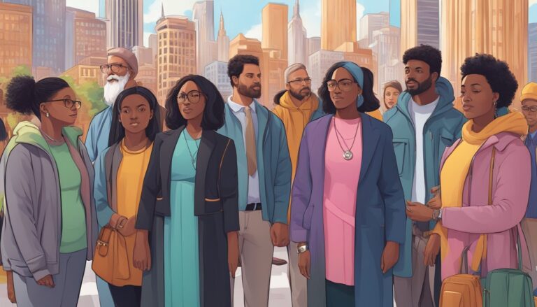 Group of diverse people, possibly religious leaders, against a city backdrop
