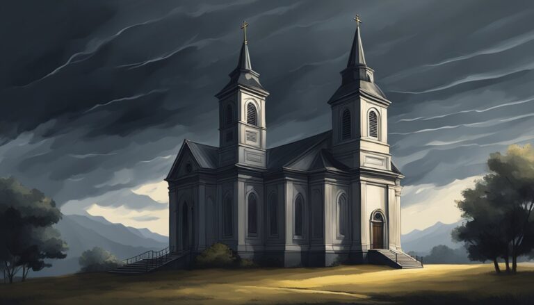 Illustration of a church under a stormy sky, related to vineyard church lawsuits