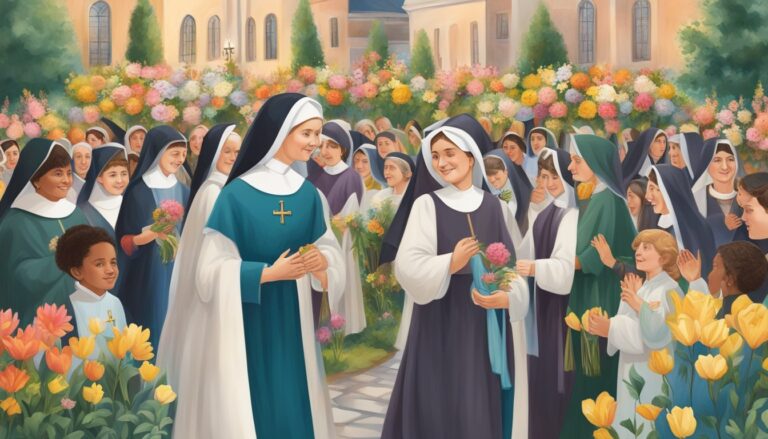 Illustration celebrating saint elizabeth ann seton's legacy, featuring nuns and children