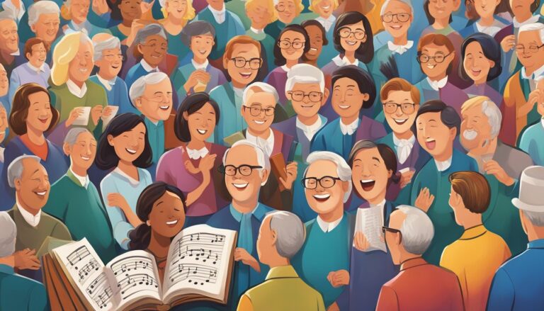 Illustration of diverse people singing, related to hymn writers and lyrics