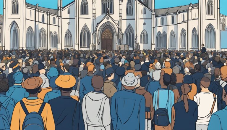 Large crowd gathered in front of a church, reflecting abuse scandals