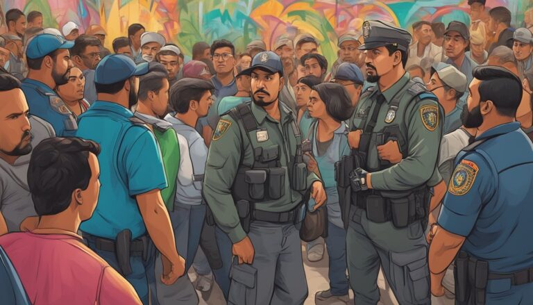 Officers and crowd at a checkpoint, related to venezuelan migrant arrests