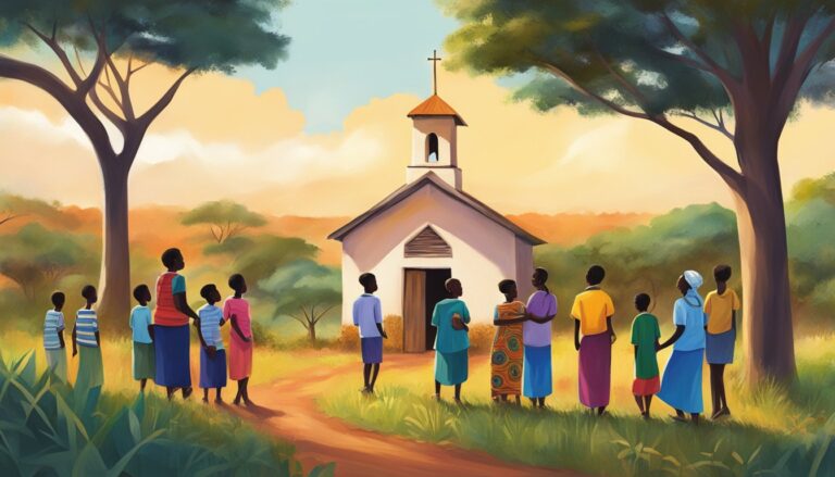Illustration depicting a church and people, relevant to faith persecution in uganda