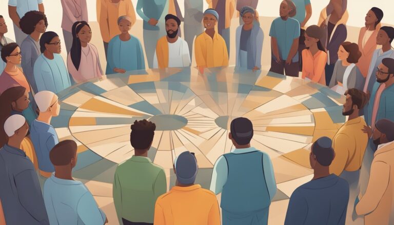 Illustration of diverse people gathered around a table, reflecting on spirituality