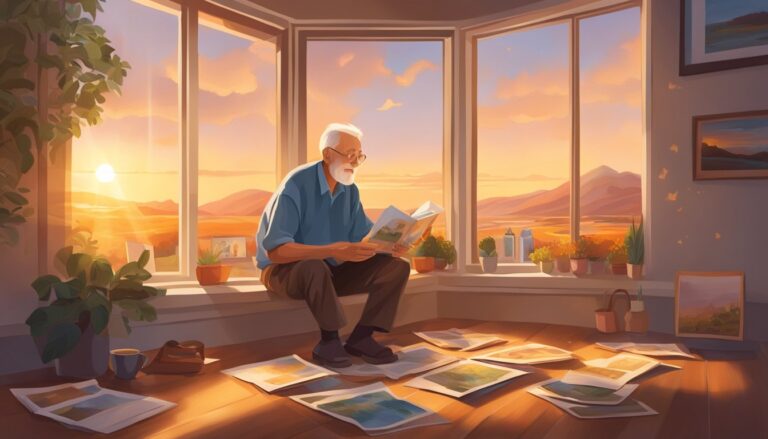 An elderly man reflecting on life at 80, reading by a sunset window