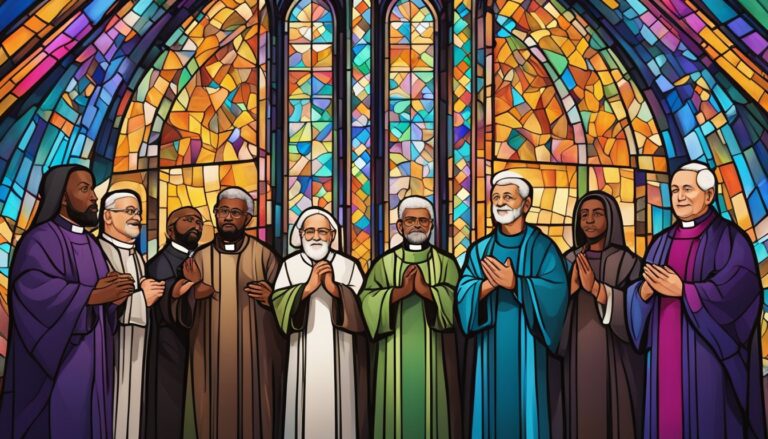 Diverse group of priests in front of stained glass, related to vatican's new guidelines