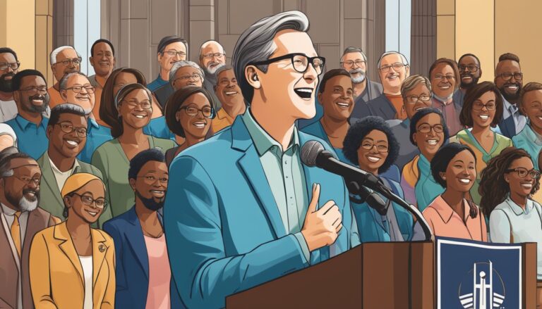 Mark vroegop speaking at a podium, surrounded by a diverse, smiling crowd