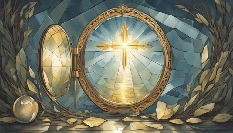 Golden cross within a stained-glass window, symbolizing hope in christian healing from narcissism