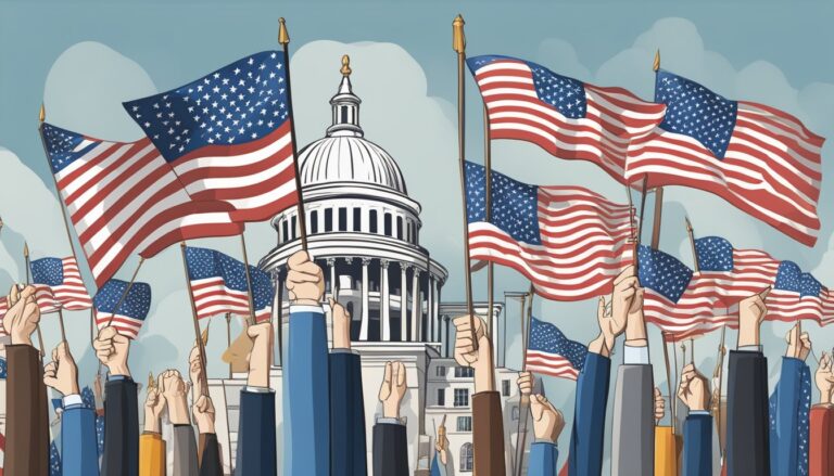 Illustration of hands holding american flags near the capitol building, post-trump victory