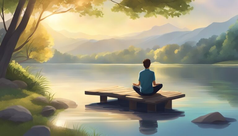Finding connection: person meditating on a dock overlooking a serene lake