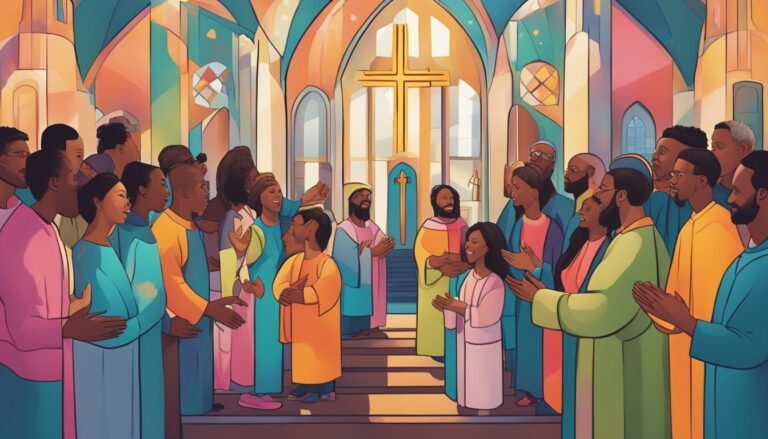 Illustration depicting a diverse group in a church, exploring christian beliefs