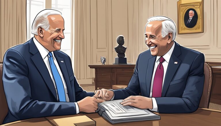 Illustration: biden and another man smiling, potentially discussing the medal of freedom