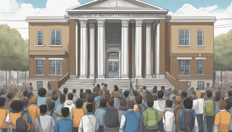 Illustration of a crowd facing a building, possibly related to south dakota's ten commandments bill