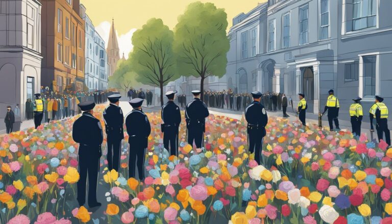 Police officers stand amongst flowers following tragic church shooting in london