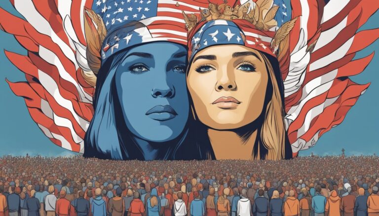Illustration of two women with american flag headbands, referencing carrie underwood's performance