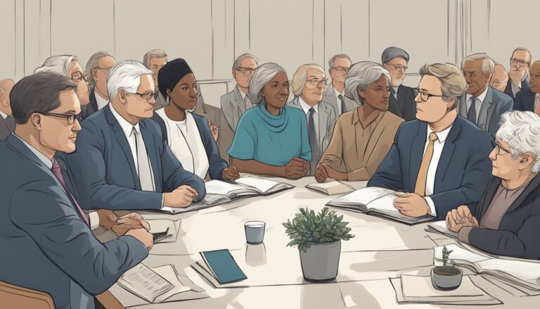 Group of diverse people at a table, discussing christian nationalism