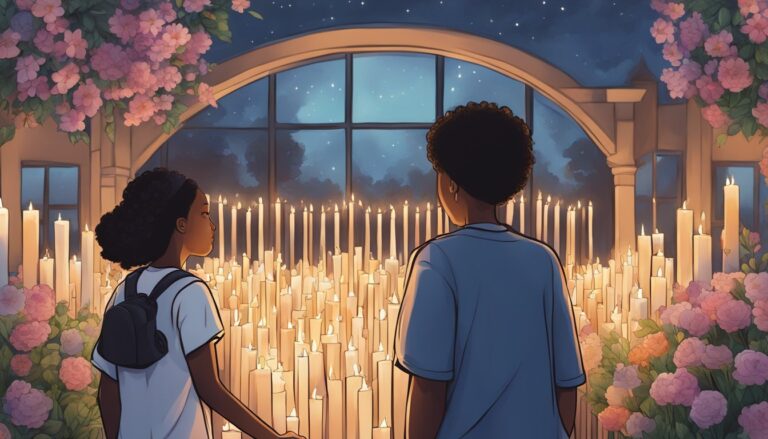Two figures observe a candlelit memorial, antioch high school shooting aftermath