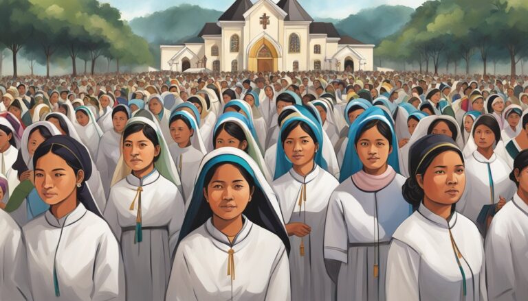 Empowered khasi women in the catholic church, standing before a church