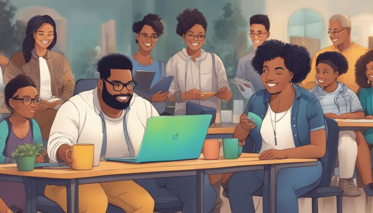 Diverse group using media to spread the gospel message, smiling and collaborating