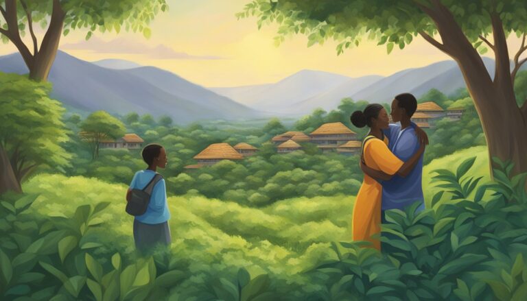 Illustration of reconciliation: two men embrace, with a child observing, amidst a landscape