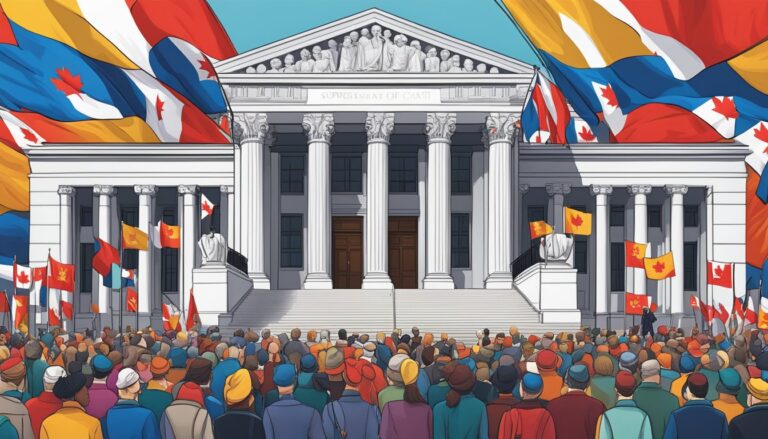 Illustration of the supreme court building, flags, and a crowd; quebec law review