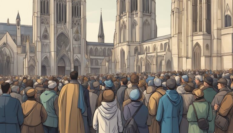 Crowd outside a cathedral, related to bishop of liverpool allegations