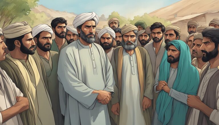 Illustration depicting a gathering of men, potentially related to a blasphemy case