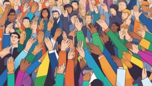 Illustration of diverse people with arms raised in a crowd