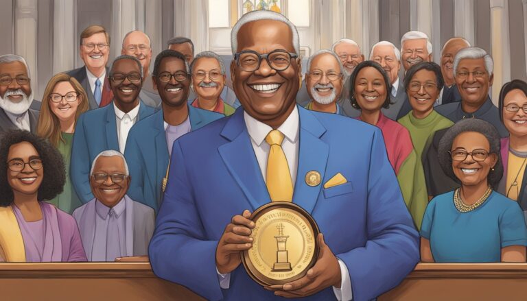 Rev. a. roy medley smiles, holding award, surrounded by diverse group