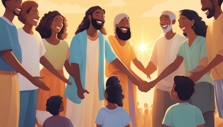 Illustration of diverse people holding hands, part of the he gets us campaign
