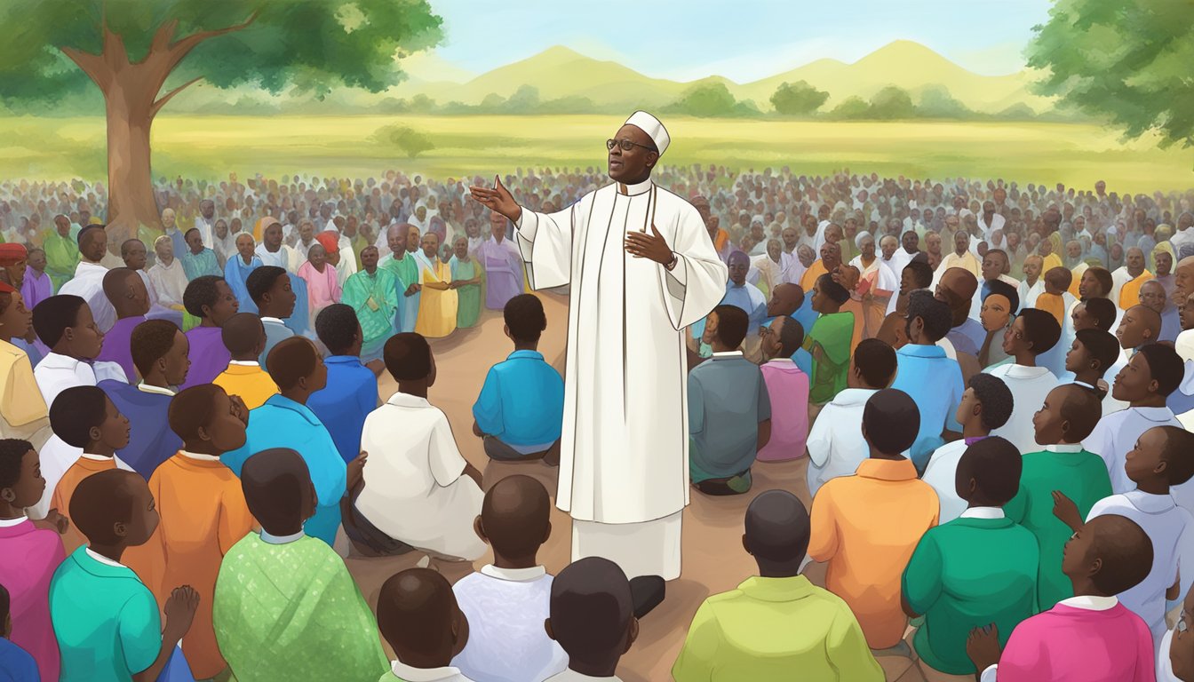 Man in white robe speaking to a large crowd outdoors