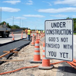 Road construction with a sign that reads 'under construction: god's not finished with you yet'