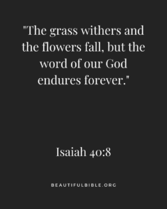Text from isaiah 40:8 on a black background, emphasizing enduring faith